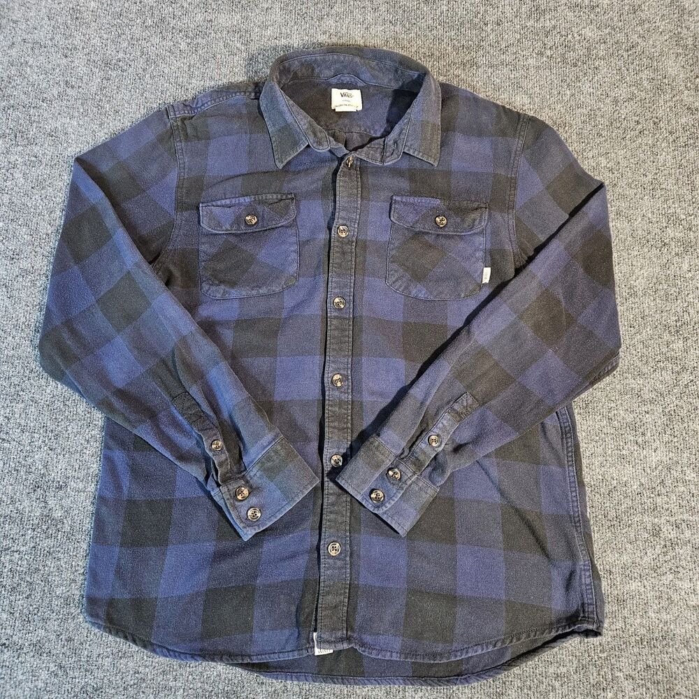 Vans Off The Wall Mens Large Blue Black Plaid Flannel Long Sleeve Button Up